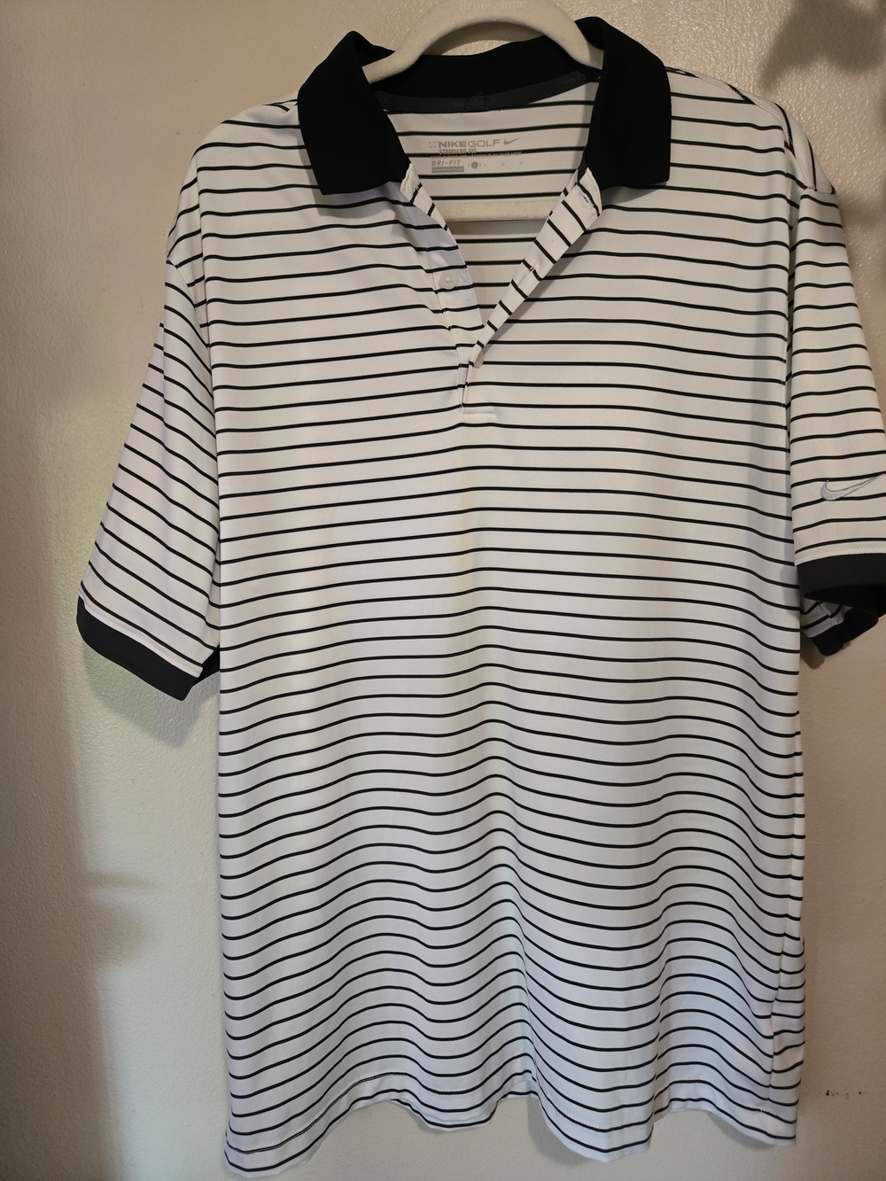 Nike GOLF Dri-fit White Polo with Black Thin Stripes and Black Collar